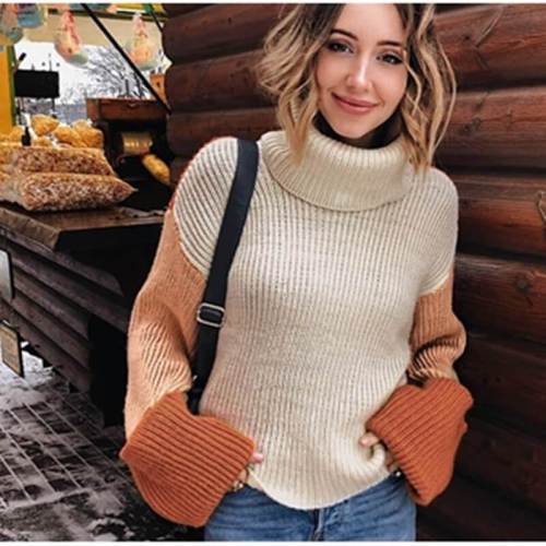 Loose Turtleneck Colorblock Knit Pullover Sweaters