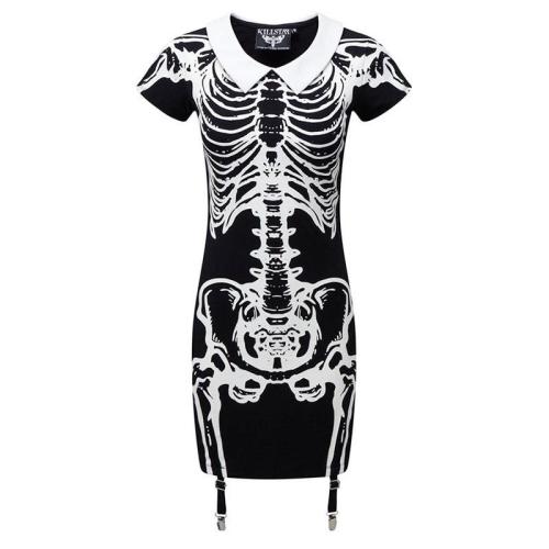 Summer Sexy Gothic Adult Women Halloween Scary Black Skull Printed Mini Dress Short-Sleeve Skeleton Party Punk Cosplay Costumes