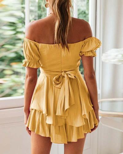 Sexy V-neck Off Shoulder Ruffle Sleeve Solid Color Dress