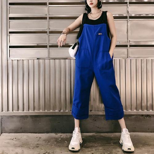 Fashion Pure Colour Splicing Patch Pocket Sleeveless Loose Jumpsuit