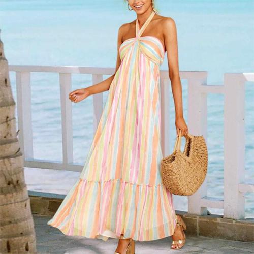 Bohemian Sleeveless Off-Shoulder Bare Back Pleated Splicing Striped Dress