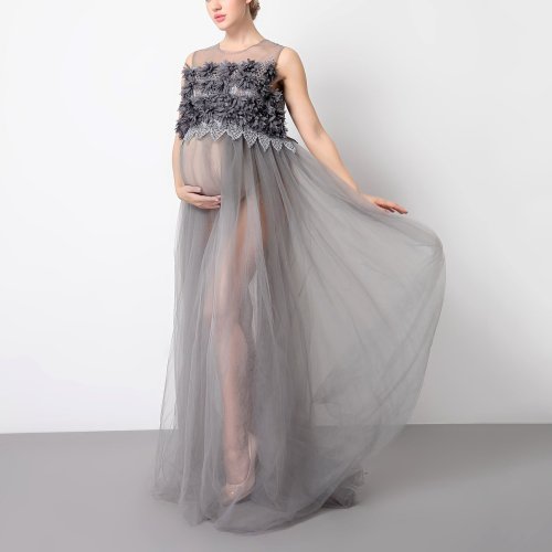 Maternity Graceful Solid Gray Sleeveless Lace Maxi Dress