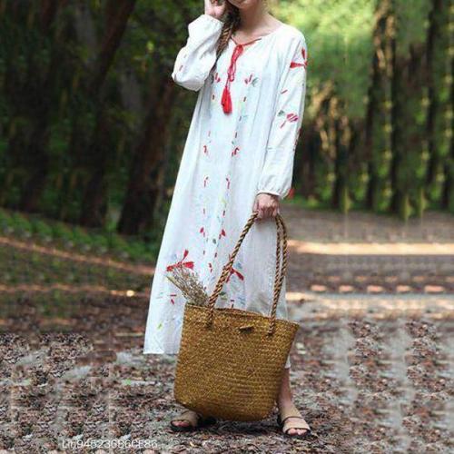 Cotton And Linen Long-Sleeved V-Neck Tie Ethnic Embroidery Casual Dress