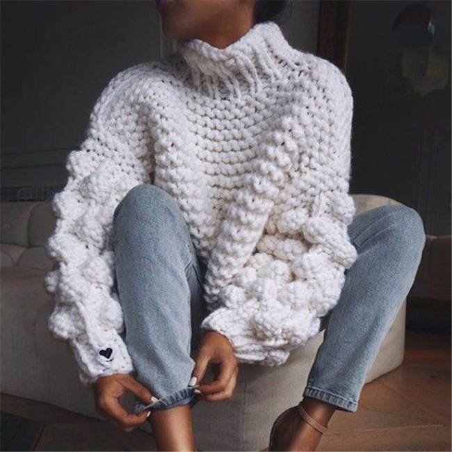 Fashion High Neck Coarse Wool Knit Sweater