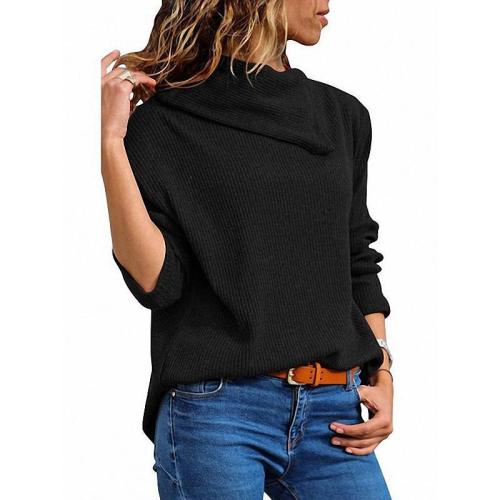 Fashion Loose   Asymmetric Collar Long Sleeve Knitted Hoodie Blouse
