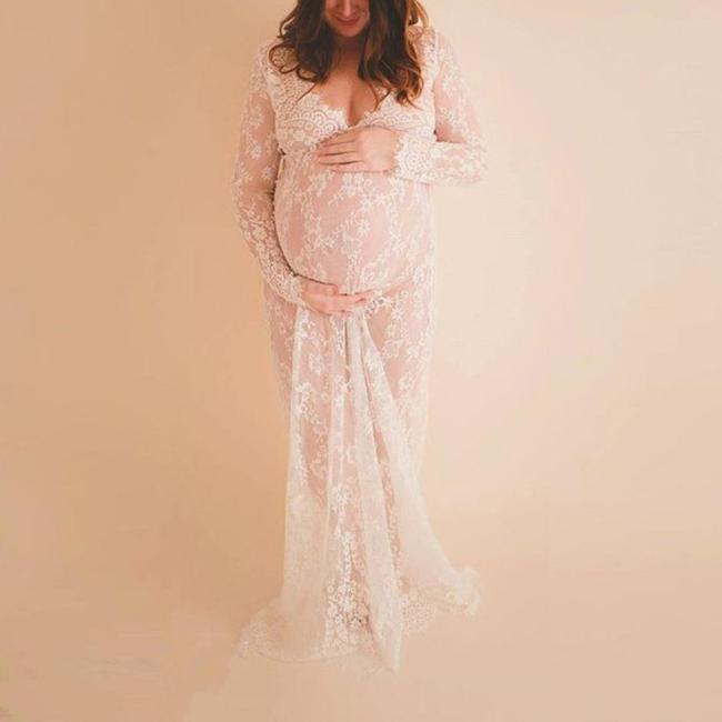 Maternity Solid See-Through Lace Dress
