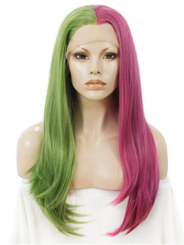 Long Half Green Half Medium Violet Red Synthetic Lace Front Wig