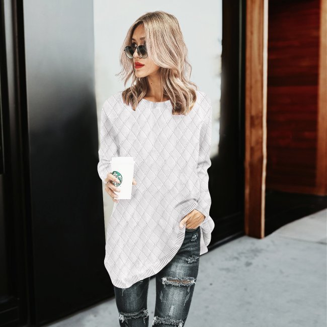 O-Neck Knitwear Solid Color Pullover Baggy Grid Sweater