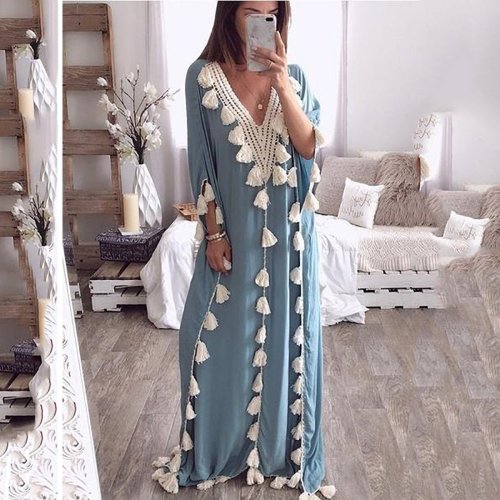 Chic V Collar Loose Fringe Decorated Vacation Dress