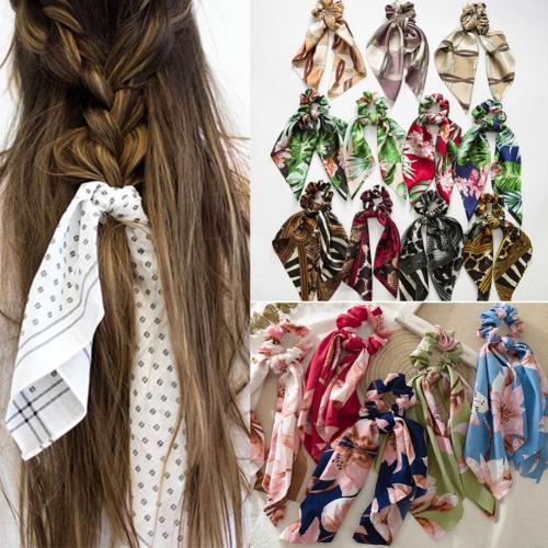 Elegant Big Flower Leopard Printed Scrunchie Ribbon Elastic Hair Bands Women Girls Knotted Long Streamers Scarf Hair Accessories