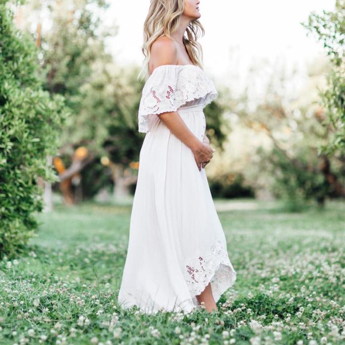 Maternity Solid White Lace Off Shoulder Dress