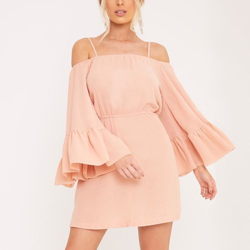 Nude Pink Off Shoulder Pure Color Mini Dress