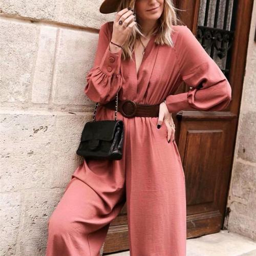 Commuting V Neck Belted Long Sleeve Pleated High-Waist Jumpsuit