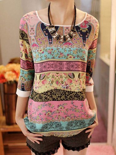 Round Neck  Abstract Print Long Sleeve Blouses