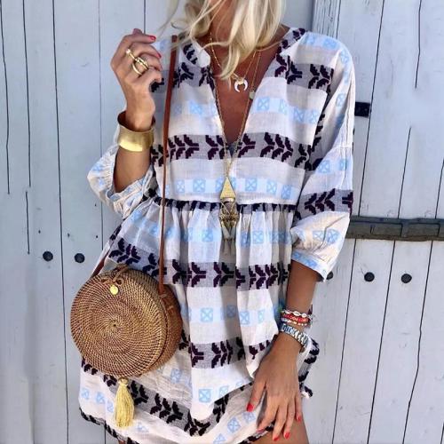 Women's Bohemian V Neck Middle Sleeve Printed Color Dress