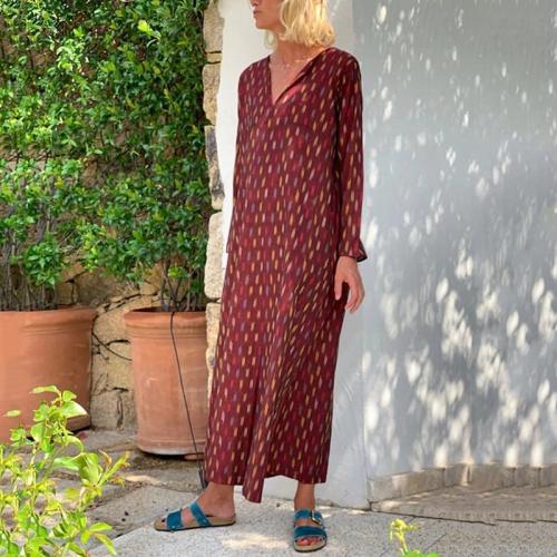 Casual Printed Color V-Neck Long Sleeve Casual Maxi Dress