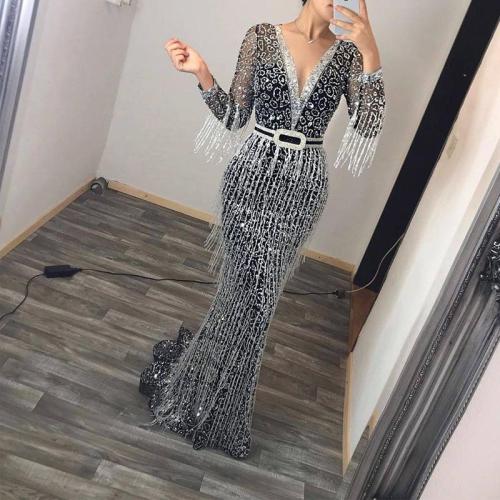 Sexy Deep V Long Sleeve Sequined Tassel Evening Gown