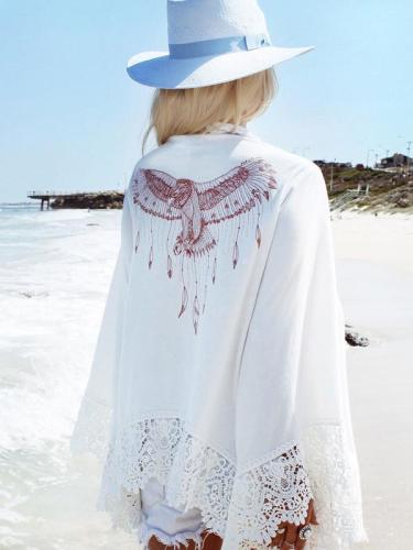 Lace Sleeves Mini Eagle Print White Bohemia Beach Cardigan Tops