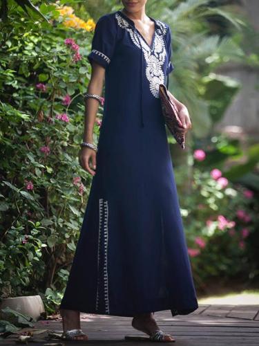 Navy Blue Floral Short Sleeves Maxi Dress Cover-Ups