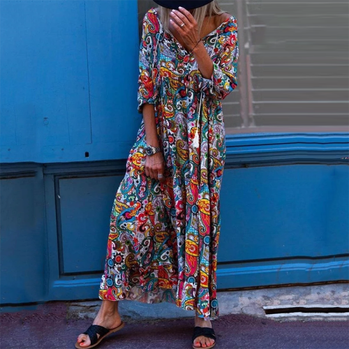 Casual Printed Color V-Neck Ruched Loose Vacation Maxi Dress
