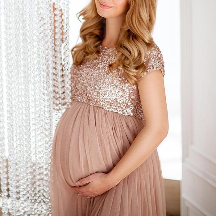 Maternity Maxi Tulle Dress With Tonal Delicate Sequins