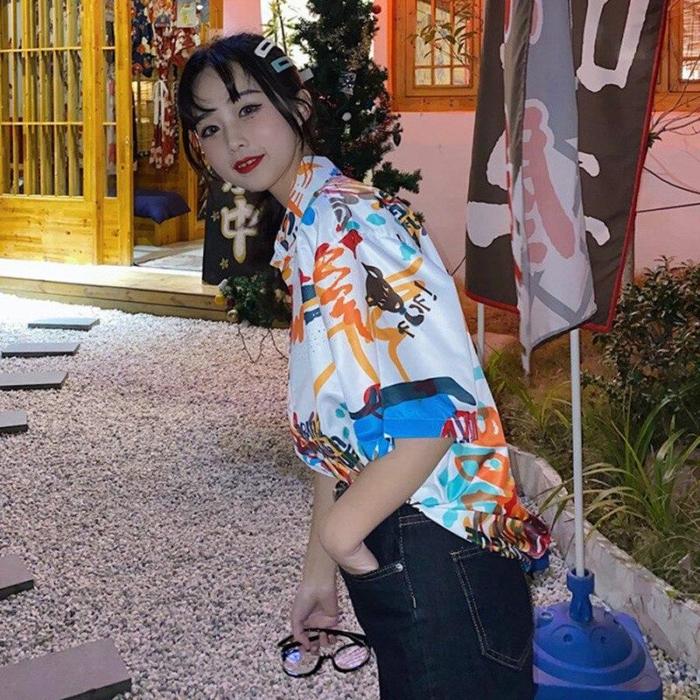 Women Loose Hip-hop Shirt Beach Style Harajuku Streetwear Turn-down Collar Tops