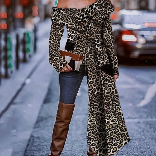 Sexy Fashion Strapless Leopard Print Long Sleeve Blouse