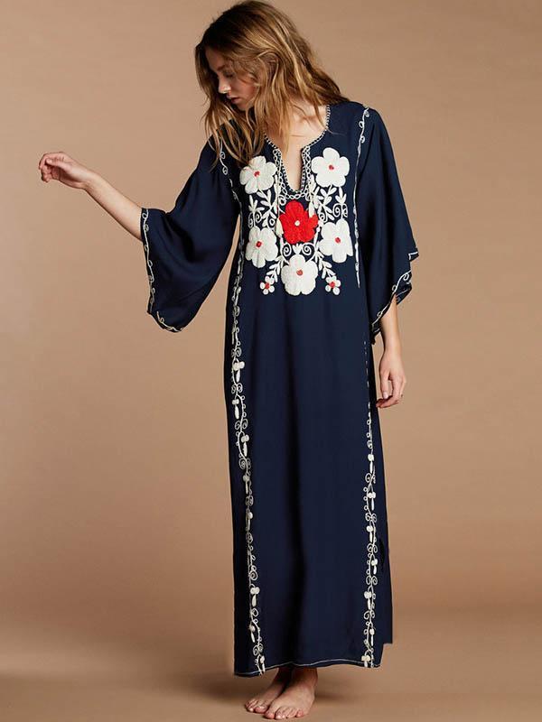 Embroidered Flared Sleeves Maxi Dress