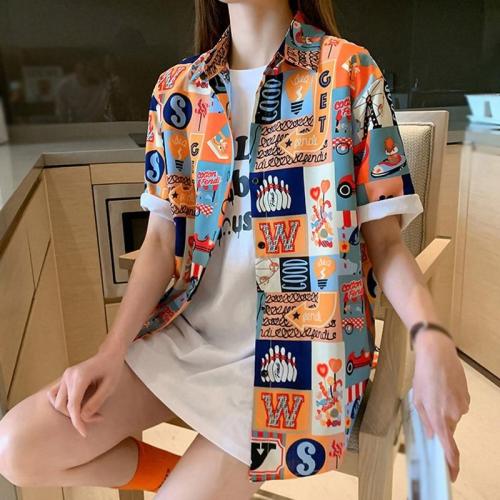 Harajuku Blouses Retro Loose Print Shirts Women Casual Short Sleeve Loose Lapel Shirt Top