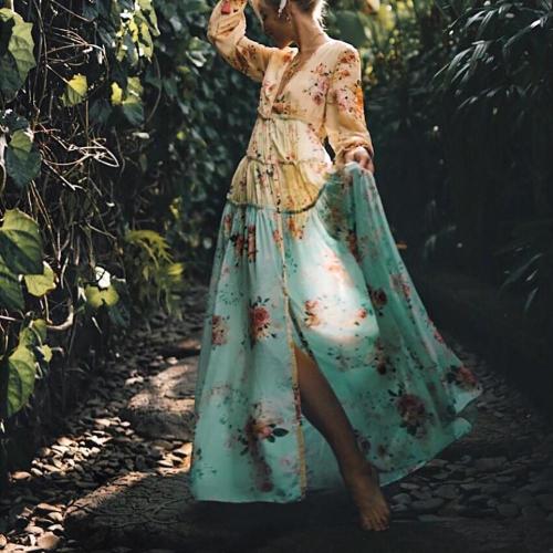 Elegant Vacation Fashion Loose Floral V Collar Long Sleeve Fork Maxi Dress