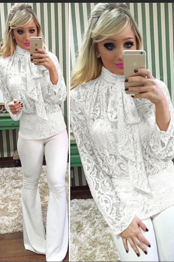 Long Sleeves Strap Bowknot Lace Blouse