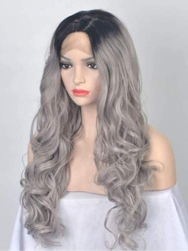 Long Wave Black To Grey Ombre Synthetic Lace Front Wig