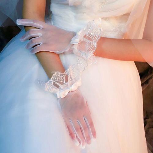 Women Bridal See Through Full Fingered Short Gloves White  Length Scalloped Geometric Lace Trim Bowknot Decor Wedding Party