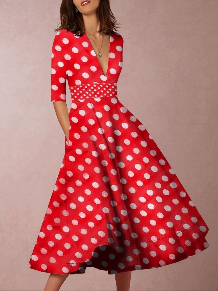EBUYTIDE V-Neck Polka Dot Printed Casual Dresses