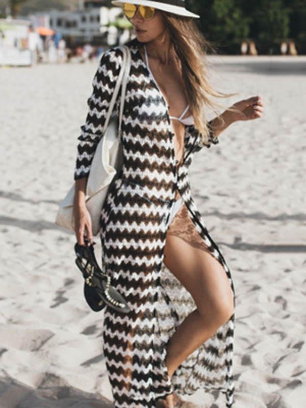 Stripes Long Sleeves Cover-up Dress