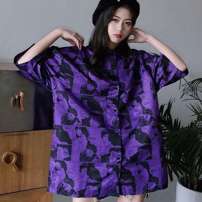 Streetwear Female Short Sleeve Women Blouse Loose Cartoon Print Korean Style Harajuku Shirt