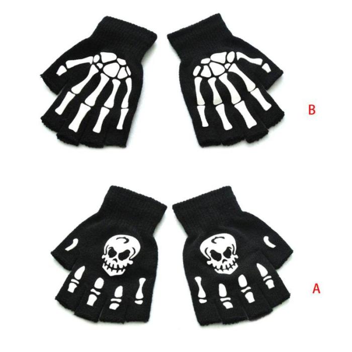 Kids Halloween Cosplay Skeleton Half Finger Gloves Luminous Fingerless Mittens