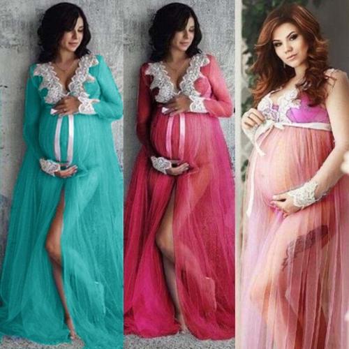 New Sexy Maternity Dresses For Photo Shoot Lace Tulle Long Pregnancy Dress Photography Prop Split Front Pregnant Women Maxi Gown