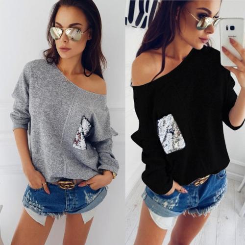Bare Shoulder Shinning Sequins Long Batwing Sleeves Loose Women Sweater