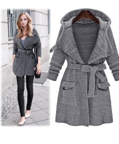 Hooded Thick Belt Pockets Cardigan Long Sweater