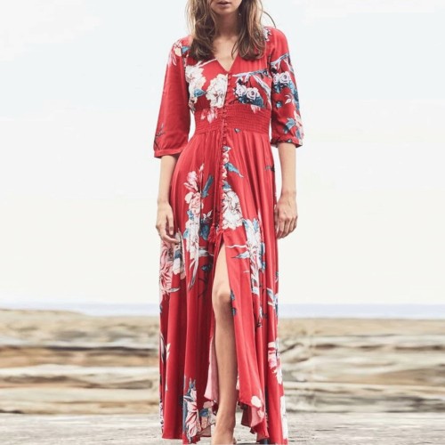 Bohemian Style V Collar Floral Printed Vacation Dress
