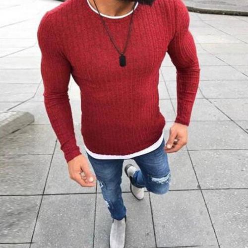 Casual Round Neck Pit Stripe Fake Two Pieces Sweater