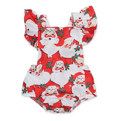 Baby Girl Fly Sleeve Santa Print Christmas Romper Infant Clothes
