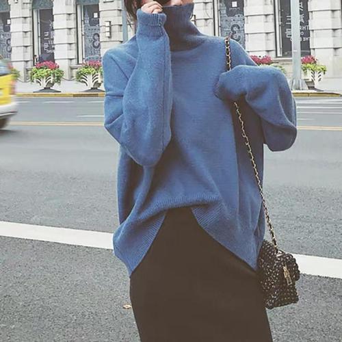 Casual High Collar Pure Colour Loose Knitted Sweater