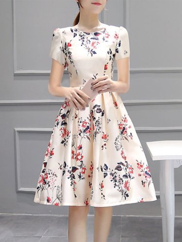 Inverted Pleat Floral Printed Puff Sleeve Round Neck Skater Dress