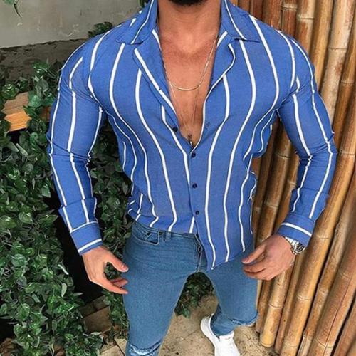 Men's Lapel Single Breasted Vertical Stripe Casual Shirt