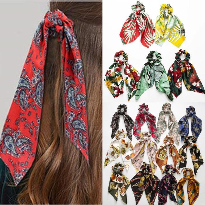 DIY Bow Streamers Elastic Hair Scrunchies Bohemian Floral Printed Knotted Ribbon Ponytail Scarf Hair Ties Women Girls Hair Rings