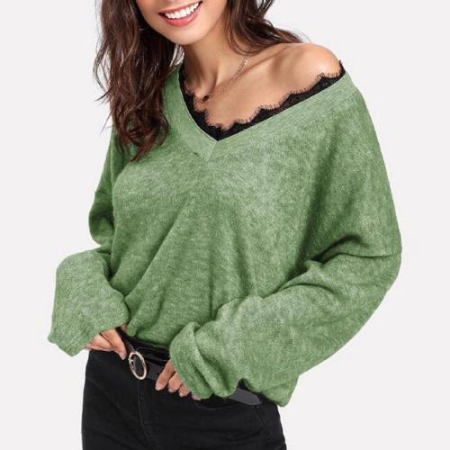 V Neck Lace Patchwork Long Sleeve Knitting Sweaters