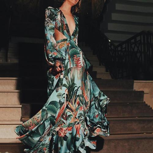 Fashion Elegant Floral Printed V-Neck Maxi Dress