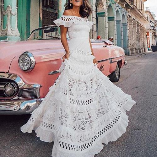One-Shouldered Ruffled Openwork Lace Stitching Dress